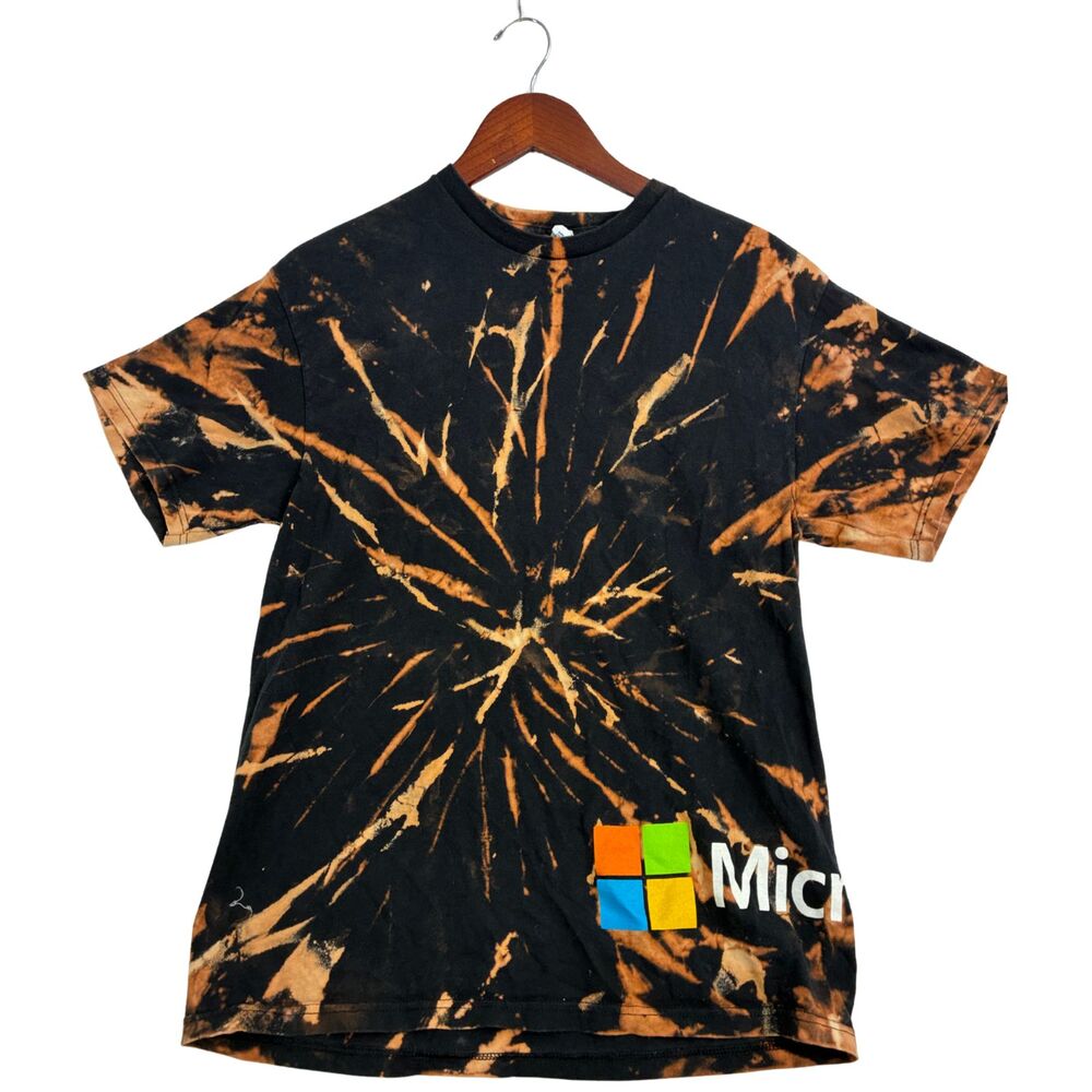 Microsoft Logo Bleach Tie Dye T Shirt Mens Large Black Orange Tech Graphic Tee
